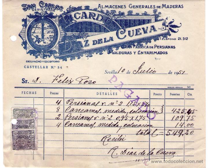 Facturas antiguas: FACTURA DE RICARDO D&Iacute;AZ DE LA CUEVA. ALMACENES DE MADERAS. SEVILLA. 1951.