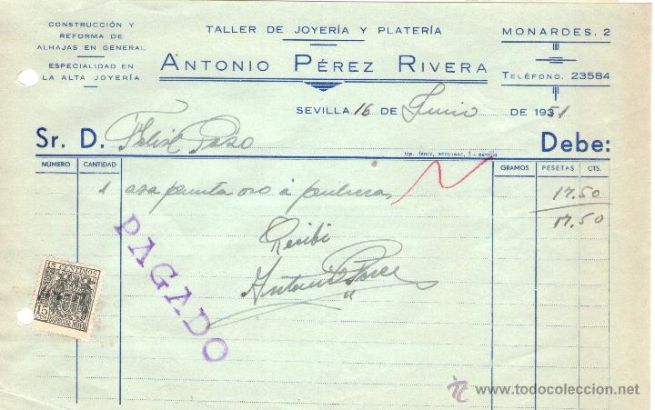 Facturas antiguas: FACTURA DE ANTONIO P&Eacute;REZ RIVERA. TALLER DE JOYER&Iacute;A Y PLATER&Iacute;A. SEVILLA. 1951.