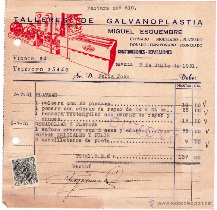Facturas antiguas: FACTURA DE MIGUEL ESQUEMBRE. TALLERES DE GALVANOPLATIA. CONSTRUCCIONES - REPARACIONES. SEVILLA. 1951