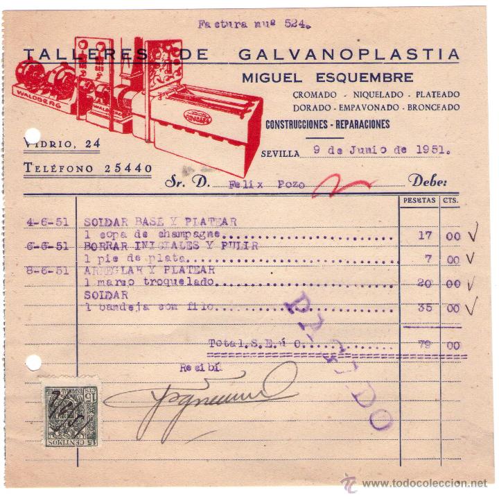 Facturas antiguas: FACTURA DE MIGUEL ESQUEMBRE. TALLERES DE GALVANOPLATIA. CONSTRUCCIONES - REPARACIONES. SEVILLA. 1951
