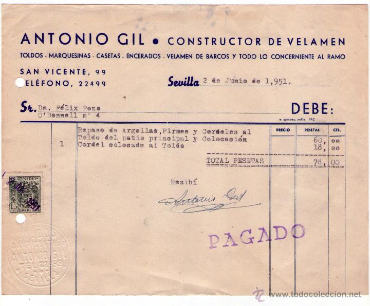 Facturas antiguas: FACTURA DE ANTONIO GIL. CONSTRUCTOR DE VELAMEN. SEVILLA. 1951. - Foto 1