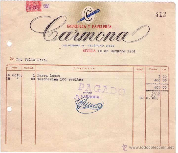Facturas antiguas: FACTURA DE CARMONA. IMPRENTA Y PAPELER&Iacute;A. SEVILLA. 1951.