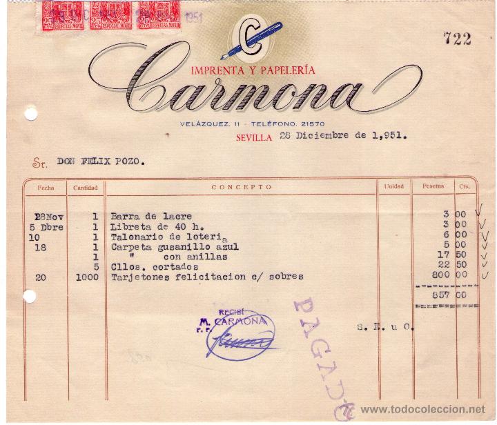 Facturas antiguas: FACTURA DE CARMONA. IMPRENTA Y PAPELER&Iacute;A. SEVILLA. 1951.