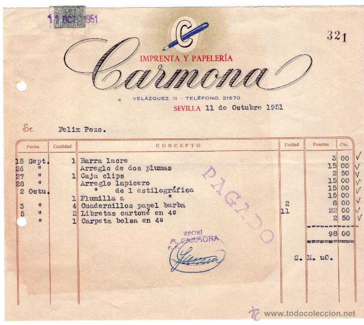 Facturas antiguas: FACTURA DE CARMONA. IMPRENTA Y PAPELER&Iacute;A. SEVILLA. 1951.
