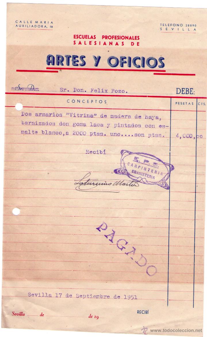 Facturas antiguas: FACTURA DE  ESCUELAS PROFESIONALES SALESIANAS DE ARTES Y OFICIOS. SEVILLA. 1951.