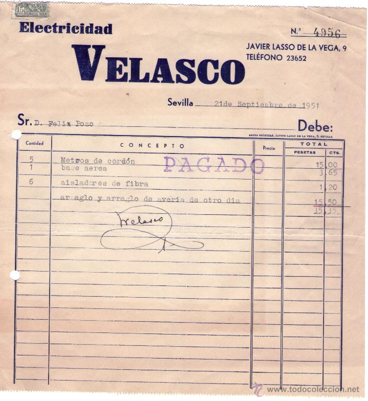 Facturas antiguas: FACTURA DE VELASCO. ELECTRICIDAD. SEVILLA. 1951.