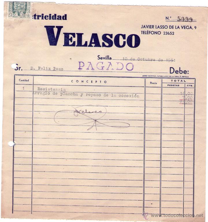 Alte Rechnungen: FACTURA DE VELASCO. ELECTRICIDAD. SEVILLA. 1951.