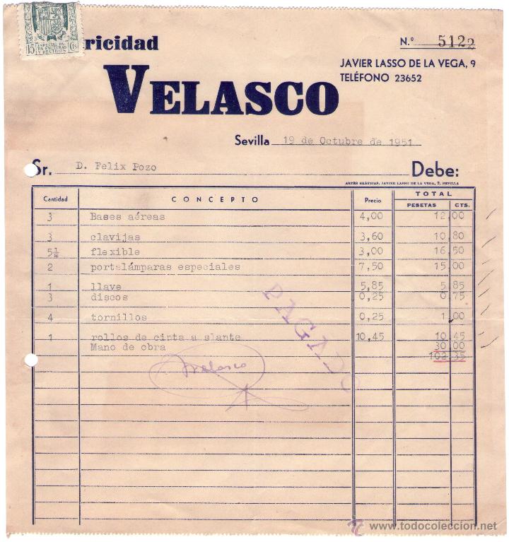 Alte Rechnungen: FACTURA DE VELASCO. ELECTRICIDAD. SEVILLA. 1951.