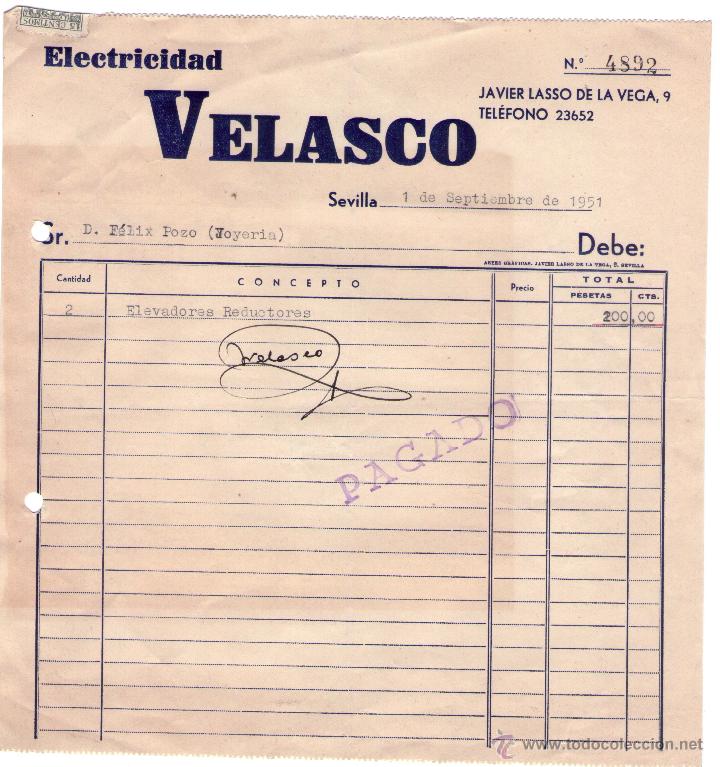 Alte Rechnungen: FACTURA DE VELASCO. ELECTRICIDAD. SEVILLA. 1951.