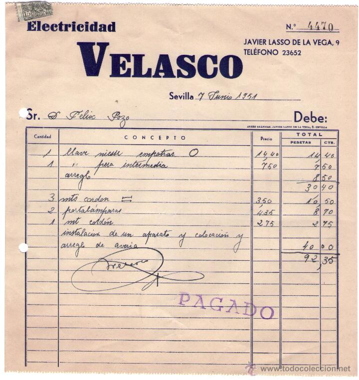 Alte Rechnungen: FACTURA DE VELASCO. ELECTRICIDAD. SEVILLA. 1951.