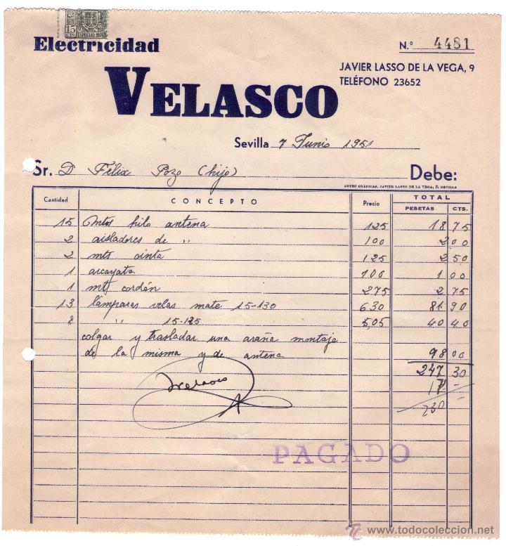 Alte Rechnungen: FACTURA DE VELASCO. ELECTRICIDAD. SEVILLA. 1951.