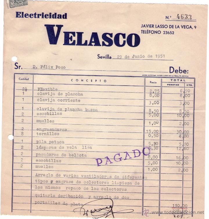 Alte Rechnungen: FACTURA DE VELASCO. ELECTRICIDAD. SEVILLA. 1951.
