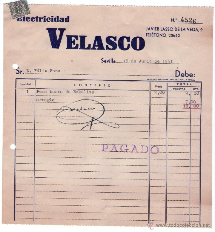 Alte Rechnungen: FACTURA DE VELASCO. ELECTRICIDAD. SEVILLA. 1951.