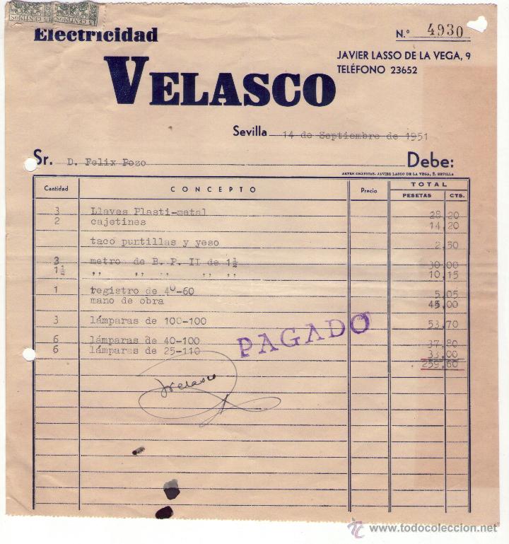 Alte Rechnungen: FACTURA DE VELASCO. ELECTRICIDAD. SEVILLA. 1951.