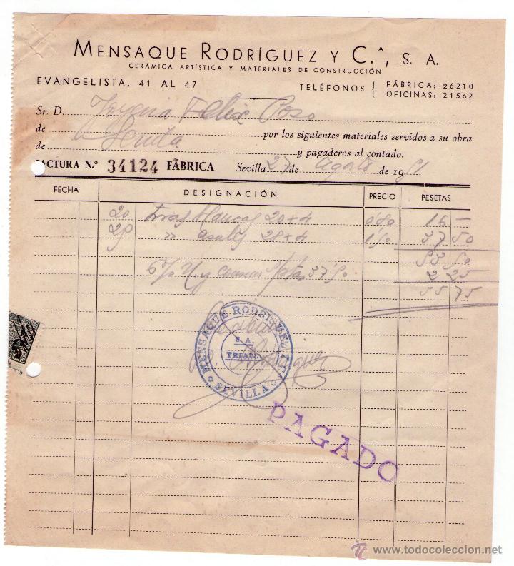 Alte Rechnungen: FACTURA DE MENSAQUE RODR&Iacute;GUEZ Y Ci&ordf;, S.A. F&Aacute;BRICA DE CER&Aacute;MICA ART&Iacute;STICA Y MATERIALES...SEVILLA. 1951
