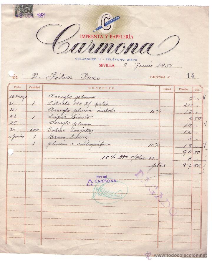 Alte Rechnungen: FACTURA DE CARMONA. IMPRENTA Y PAPELER&Iacute;A. SEVILLA. 1951.