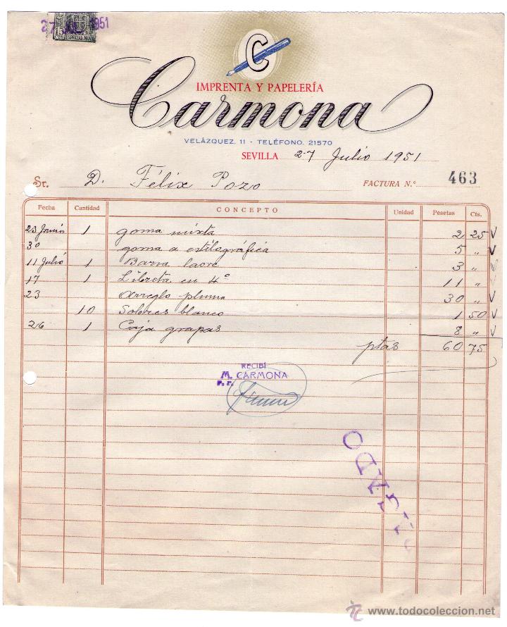 Alte Rechnungen: FACTURA DE CARMONA. IMPRENTA Y PAPELER&Iacute;A. SEVILLA. 1951.
