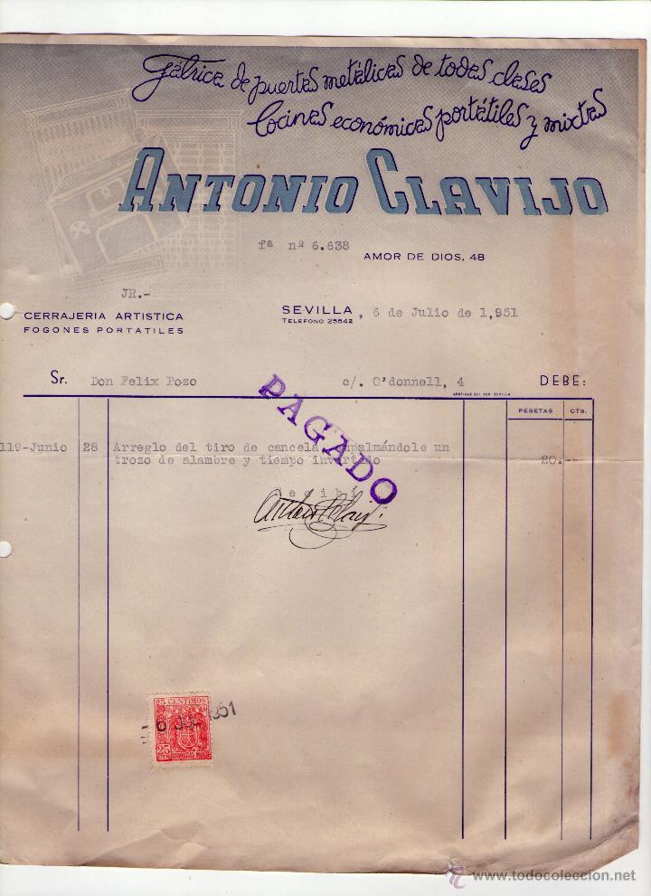 Alte Rechnungen: FACTURA DE ANTONIO CLAVIJO.F&Aacute;BRICA DE PUERTAS MET&Aacute;LICAS, COCINAS ECON&Oacute;MICAS PORT&Aacute;TILES.SEVILLA. 1951