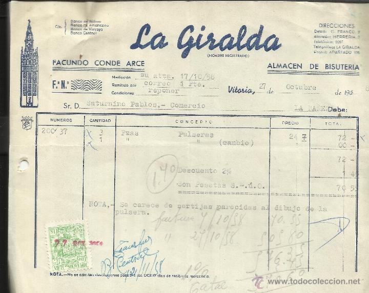 Old Invoices: FACTURA DE LA GIRALDA. FACUNDO CONDE ARCE. BISUTER&Iacute;A. VITORIA. 1958