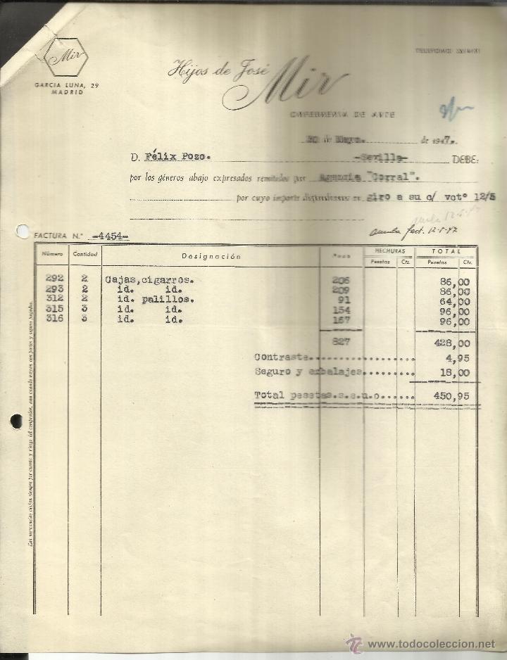 Old Invoices: FACTURA DE HIJOS DE JOS&Eacute; MIR. ORFEBRER&Iacute;A DE ARTE. MADRID. 1947