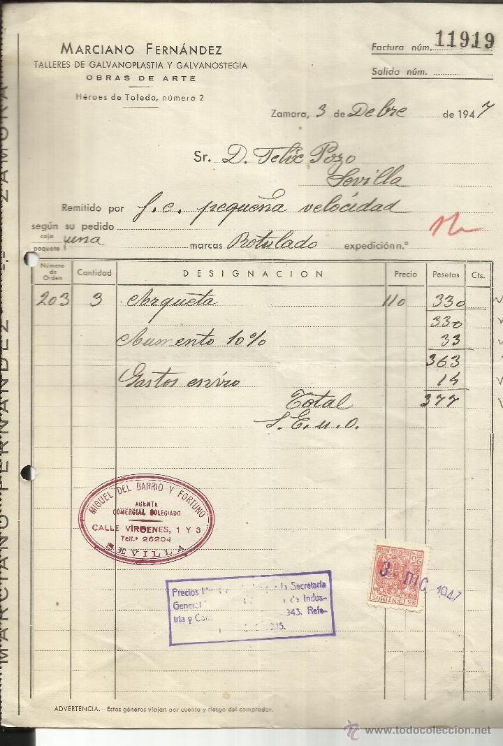 Old Invoices: FACTURA DE MARCIANO FERN&Aacute;NDEZ. TALLER DE GALVANOPLASTIA Y GALVANOSTEGIA. ZAMORA. 1947
