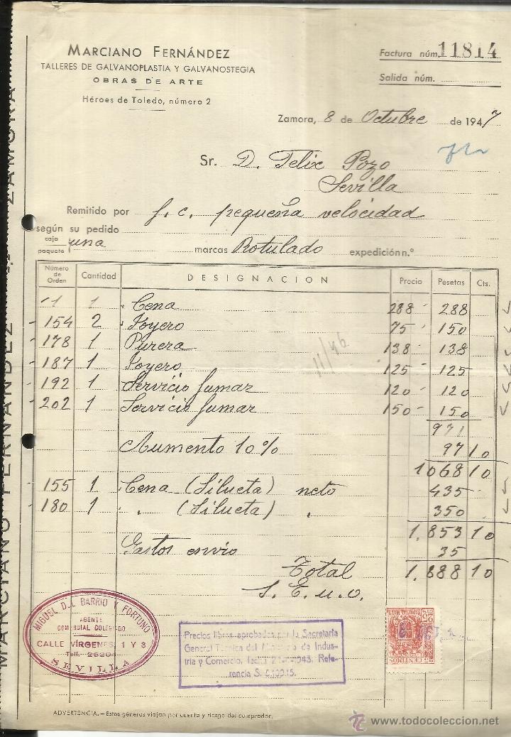 Old Invoices: FACTURA DE MARCIANO FERN&Aacute;NDEZ. TALLER DE GALVANOPLASTIA Y GALVANOSTEGIA. ZAMORA. 1947