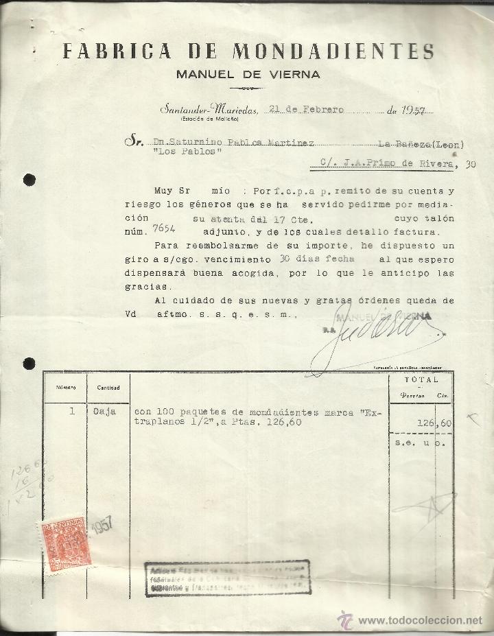 Facturas antiguas: FACTURA DE MANUEL DE VIERNA. F&Aacute;BRICA DE MONDADIENTES. SANTANDER-MURIEDAS. 1957