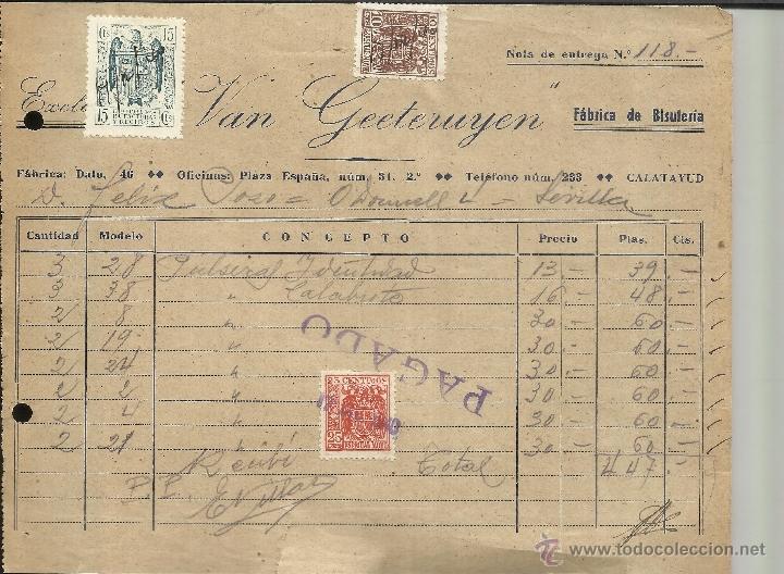 Facturas antiguas: FACTURA DE VAN GEETERUYEN. F&Aacute;BRICA DE BISUTER&Iacute;A. CALATAYUD. ZARAGOZA. 1940