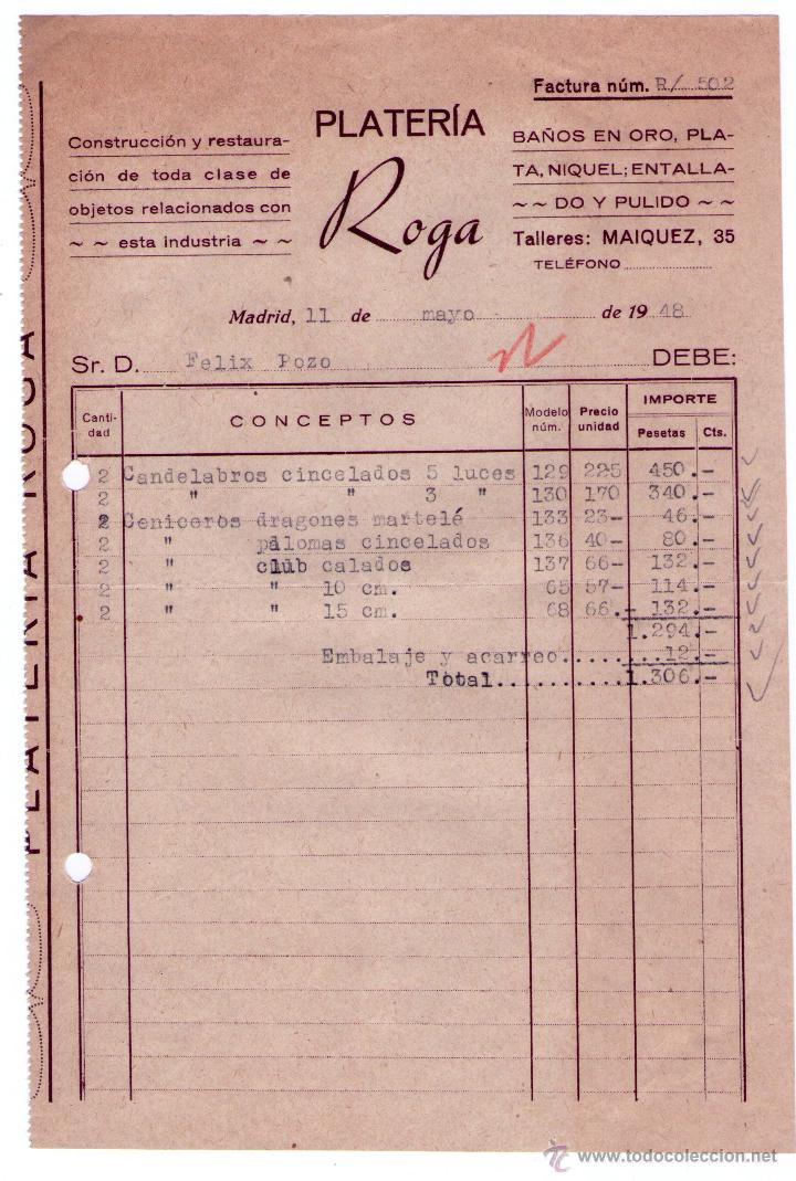 Alte Rechnungen: FACTURA DE PLATER&Iacute;A ROGA. MADRID. 1948.