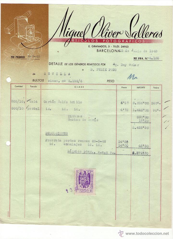 Fatture antiche: FACTURA DE MIGUEL OLIVER SALLERAS. F&Aacute;BRICA DE ARTICULOS FOTOGR&Aacute;FICOS. BARCELONA. 1948.