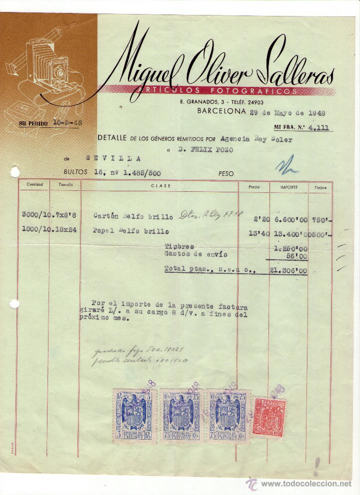 Fatture antiche: FACTURA DE MIGUEL OLIVER SALLERAS. F&Aacute;BRICA DE ARTICULOS FOTOGR&Aacute;FICOS. BARCELONA. 1948.