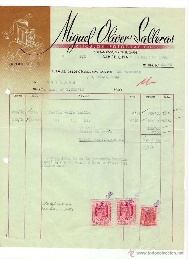 Fatture antiche: FACTURA DE MIGUEL OLIVER SALLERAS. F&Aacute;BRICA DE ARTICULOS FOTOGR&Aacute;FICOS. BARCELONA. 1948.