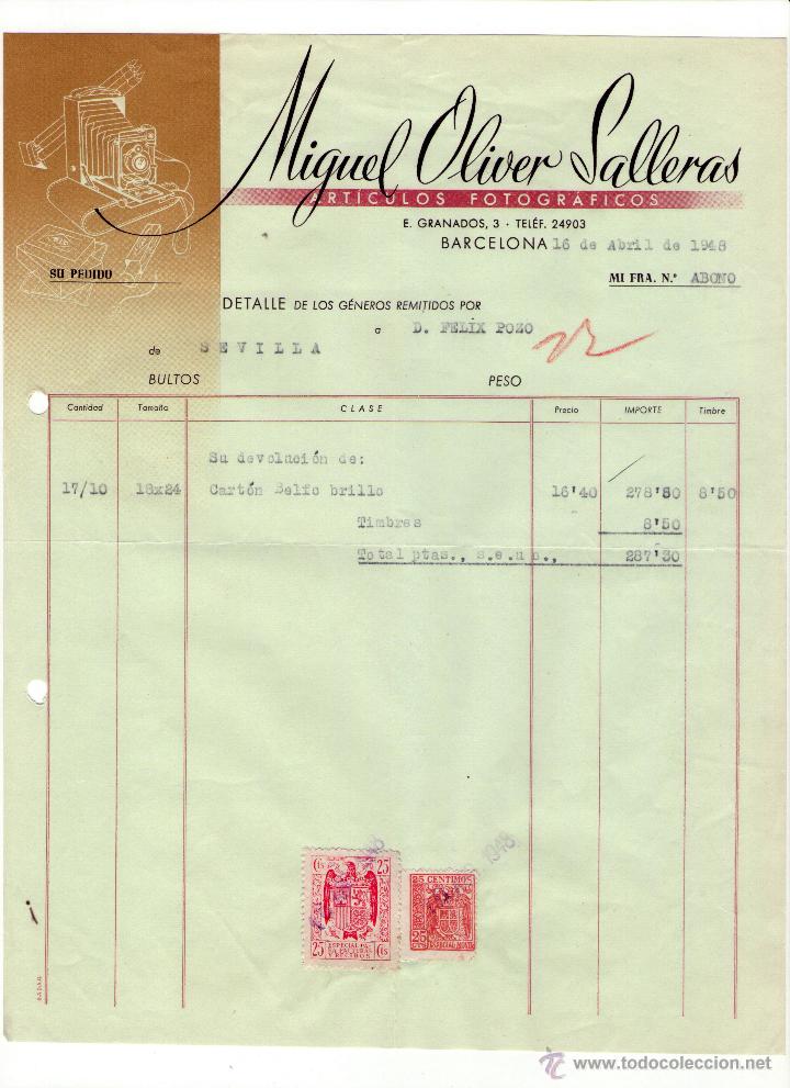 Fatture antiche: FACTURA DE MIGUEL OLIVER SALLERAS. F&Aacute;BRICA DE ARTICULOS FOTOGR&Aacute;FICOS. BARCELONA. 1948.