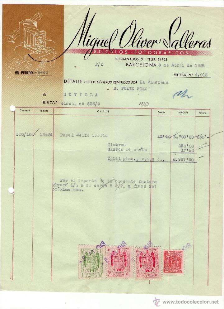 Fatture antiche: FACTURA DE MIGUEL OLIVER SALLERAS. F&Aacute;BRICA DE ARTICULOS FOTOGR&Aacute;FICOS. BARCELONA. 1948.