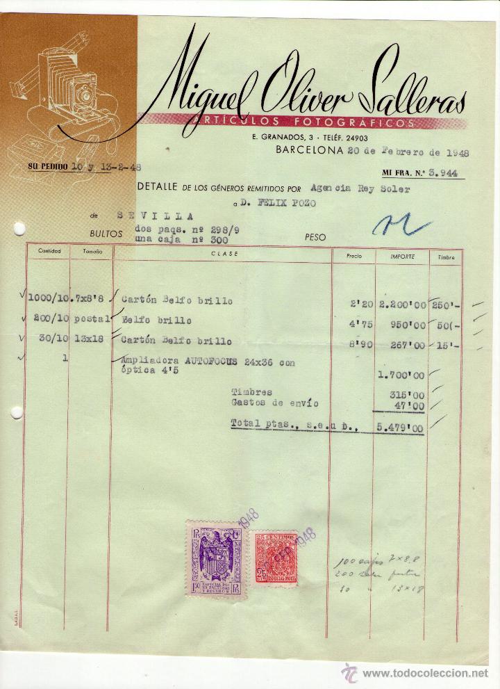 Fatture antiche: FACTURA DE MIGUEL OLIVER SALLERAS. F&Aacute;BRICA DE ARTICULOS FOTOGR&Aacute;FICOS. BARCELONA. 1948.