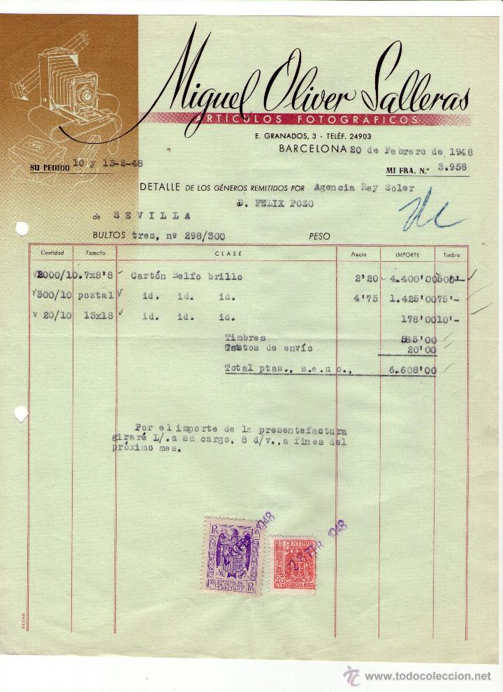Fatture antiche: FACTURA DE MIGUEL OLIVER SALLERAS. F&Aacute;BRICA DE ARTICULOS FOTOGR&Aacute;FICOS. BARCELONA. 1948.
