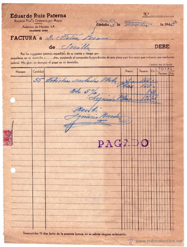 Fatture antiche: FACTURA DE EDUARDO RUIZ PATERNA. BISUTER&Iacute;A FINA Y ORDINARIA POR MAYOR. C&Oacute;RDOBA. 1948.