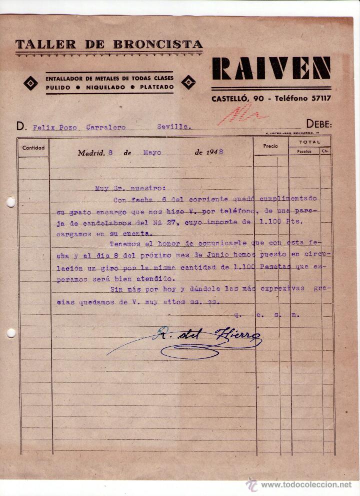 Factures anciennes: FACTURA DE RAIVEN. TALLER DE BRONCISTA. MADRID. 1948
