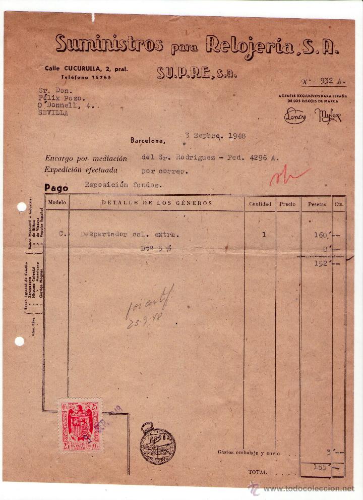 Factures anciennes: FACTURA DE SUMINISTROS PARA RELOJER&Iacute;A, S. A. BARCELONA. 1948