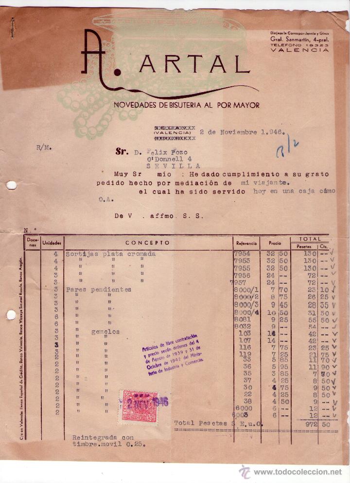 Factures anciennes: FACTURA DE A. ARTAL. NOVEDADES DE BISUTER&Iacute;A AL POR MAYOR. VALENCIA. 1946.