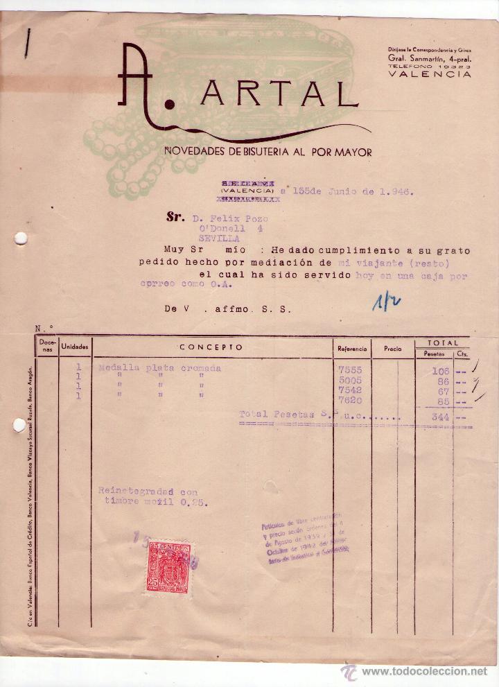 Factures anciennes: FACTURA DE A. ARTAL. NOVEDADES DE BISUTER&Iacute;A AL POR MAYOR. VALENCIA. 1946.
