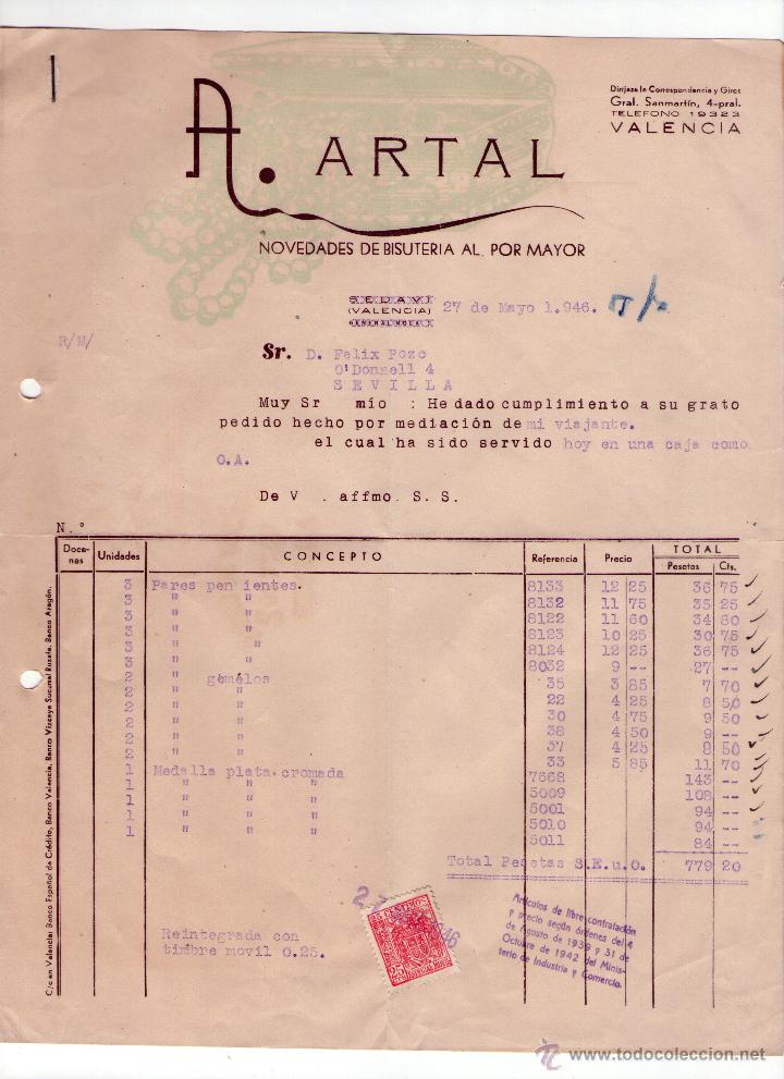 Factures anciennes: FACTURA DE A. ARTAL. NOVEDADES DE BISUTER&Iacute;A AL POR MAYOR. VALENCIA. 1946.