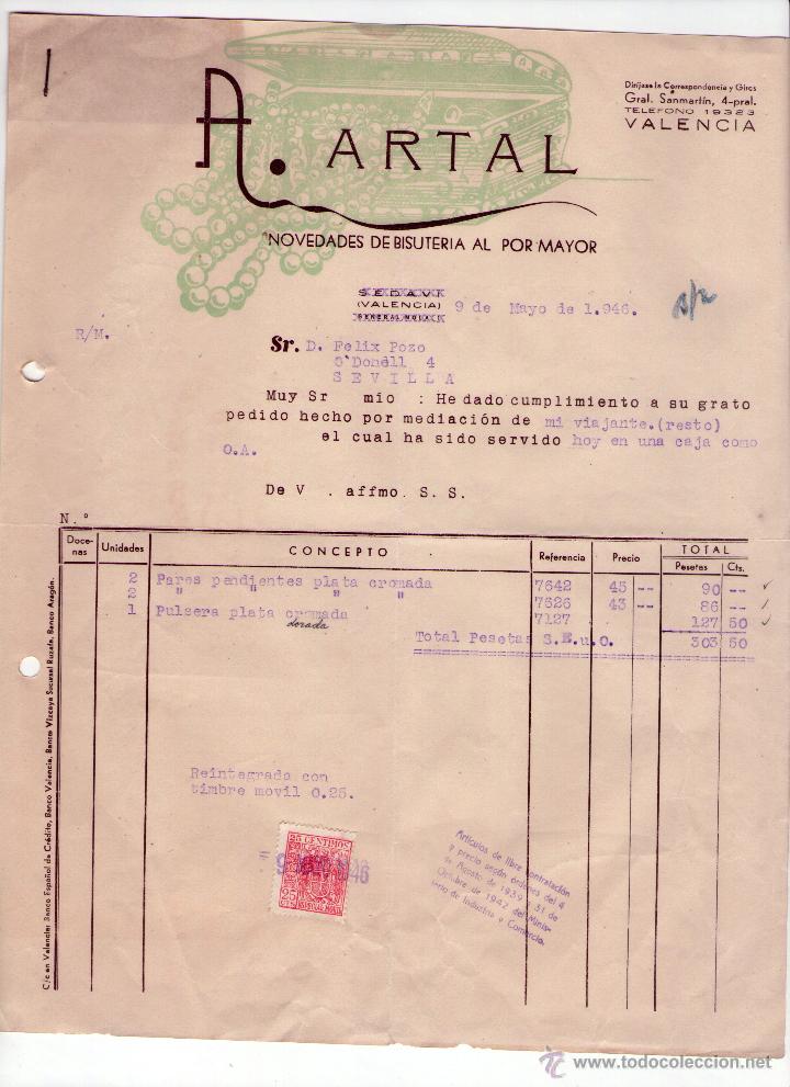 Factures anciennes: FACTURA DE A. ARTAL. NOVEDADES DE BISUTER&Iacute;A AL POR MAYOR. VALENCIA. 1946.