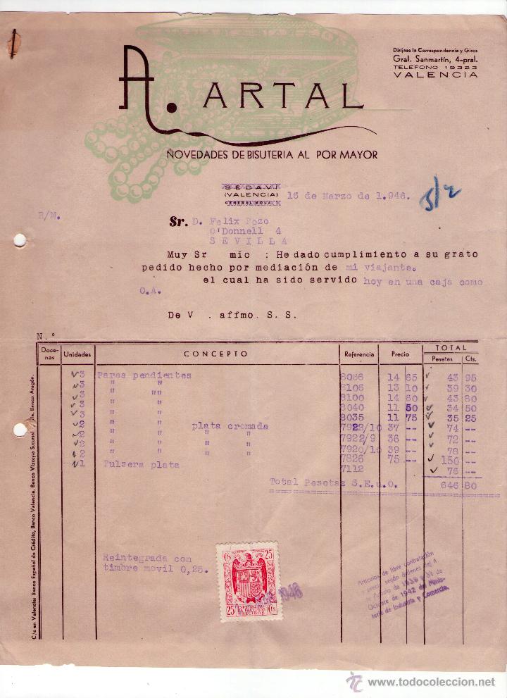 Factures anciennes: FACTURA DE A. ARTAL. NOVEDADES DE BISUTER&Iacute;A AL POR MAYOR. VALENCIA. 1946.