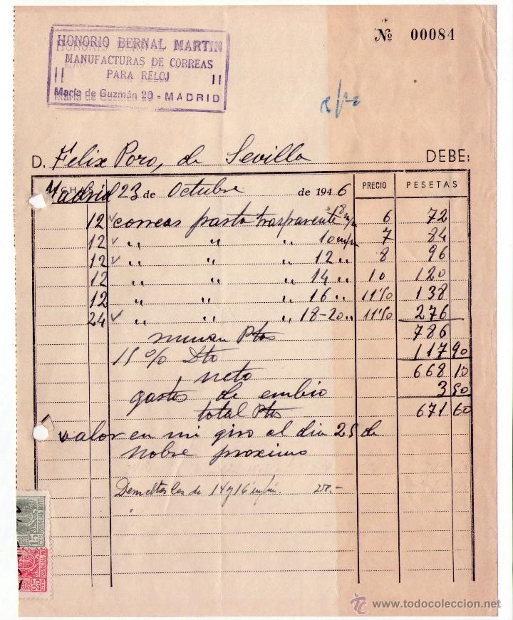 Factures anciennes: FACTURA DE HONORIO BERNAL MARTIN. MANUFACTURAS DE CORREAS PARA RELOJES. MADRID. 1946.