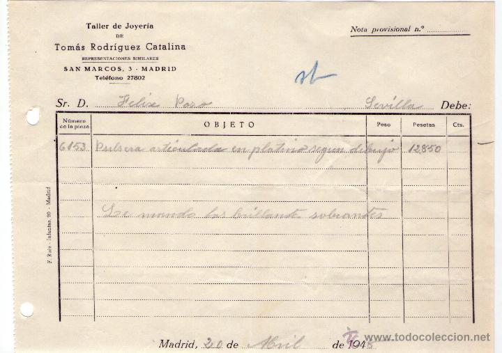 Factures anciennes: FACTURA DE TOMAS RODRIGUEZ CATALINA. TALLER DE JOYER&Iacute;A. MADRID. 1948.