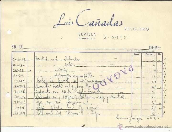 Factures anciennes: FACTURA DE LUIS CA&Ntilde;ADAS. RELOJERO. SEVILLA. 1951