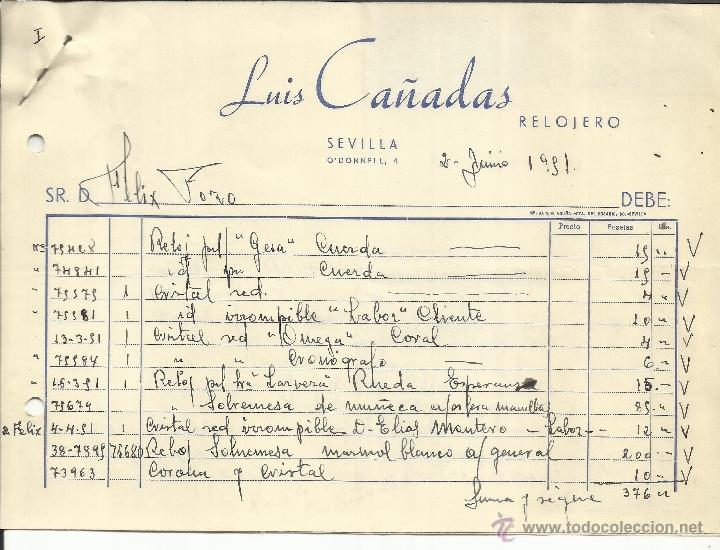 Fatture antiche: FACTURA LUIS CA&Ntilde;ADAS. RELOJERO. SEVILLA. 1951. 2 HOJAS