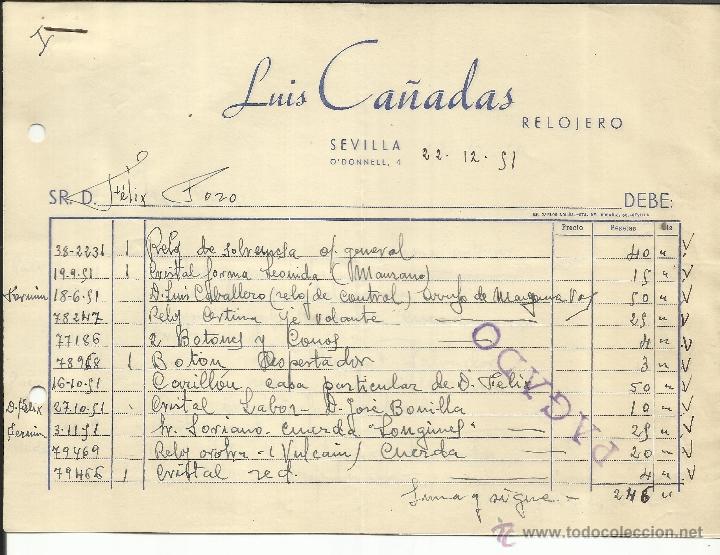 Fatture antiche: FACTURA LUIS CA&Ntilde;ADAS. RELOJERO. SEVILLA. 1951. 2 HOJAS