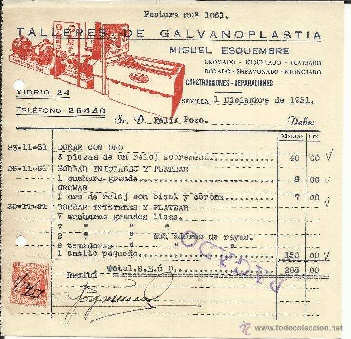 Alte Rechnungen: FACTURA DE MIGUEL ESQUEMBRE. TALLERES DE GALVANOPLASTIA. SEVILLA. 1951